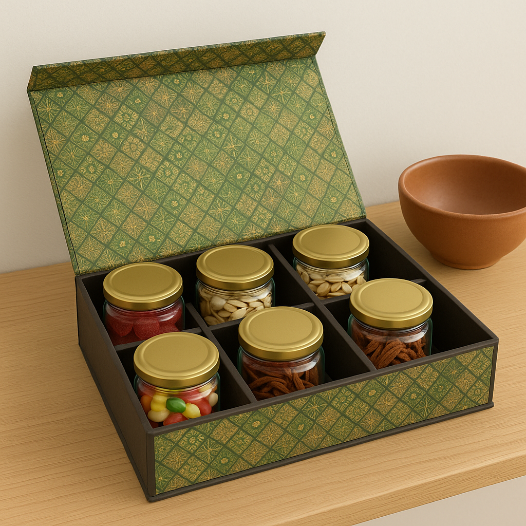 Green Classic MDF Dry Fruit Box 6 Cavity 265x185x55 mm