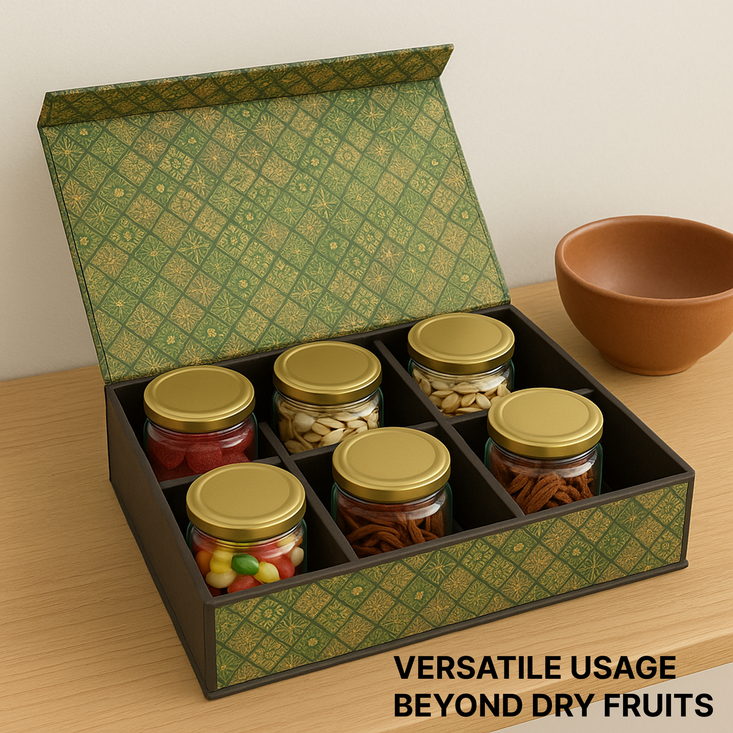 Green Classic MDF Dry Fruit Box 6 Cavity 265x185x55 mm