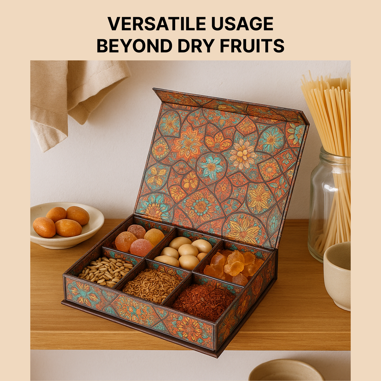Red Classic MDF Dry Fruit Box 6 Cavity 265x185x55 mm