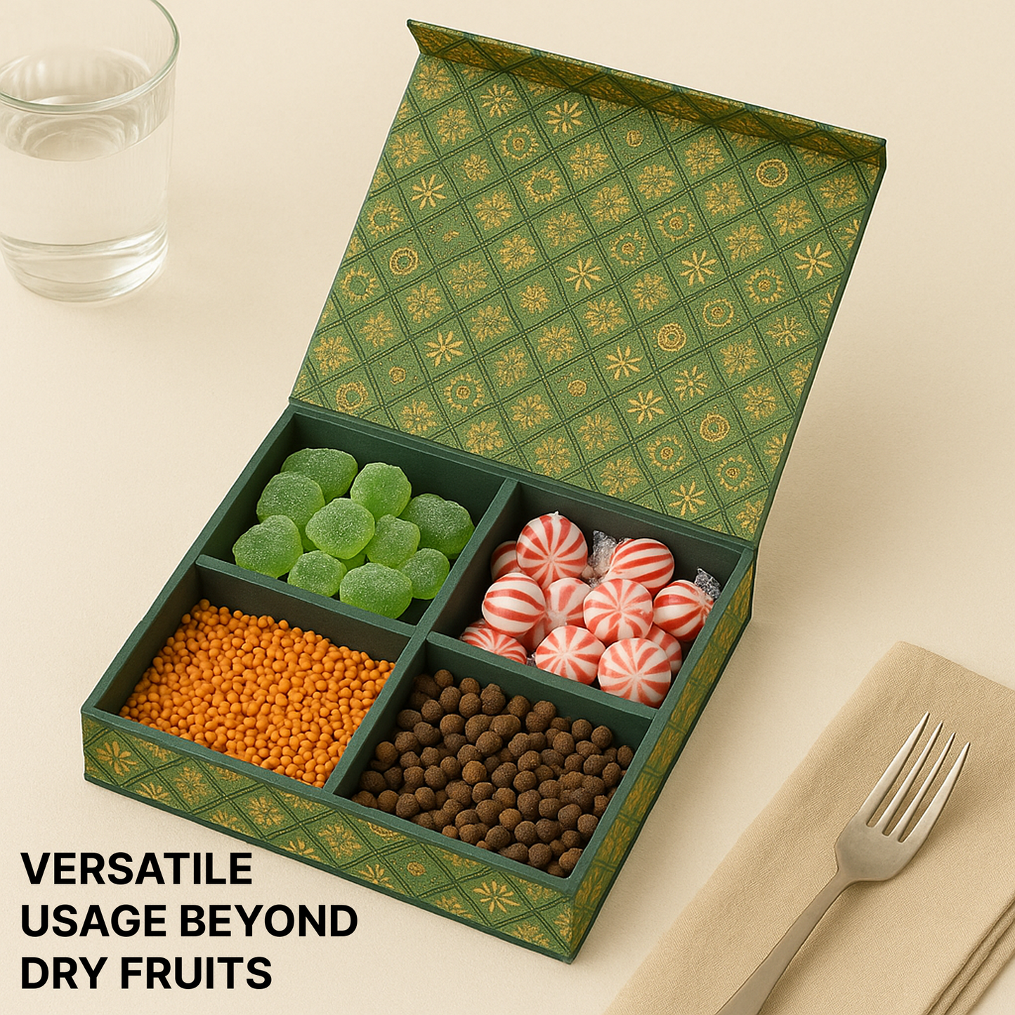 Green Classic MDF Dry Fruit Box 4 Cavity 265x185x55 mm